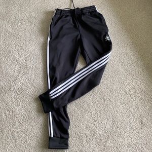 Adidas black with white three stripe joggers!